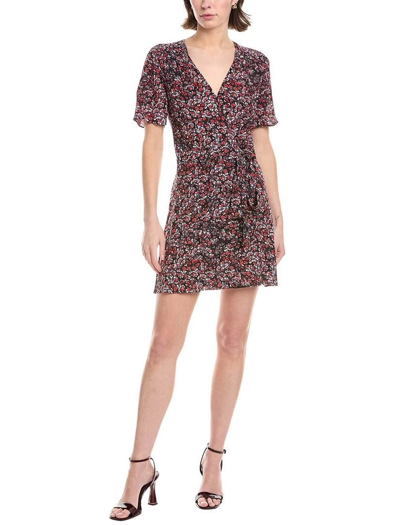The Kooples Wrap Dress Floral Mini Black Red Short Sleeve V-Neck Boho Edgy Sz 8